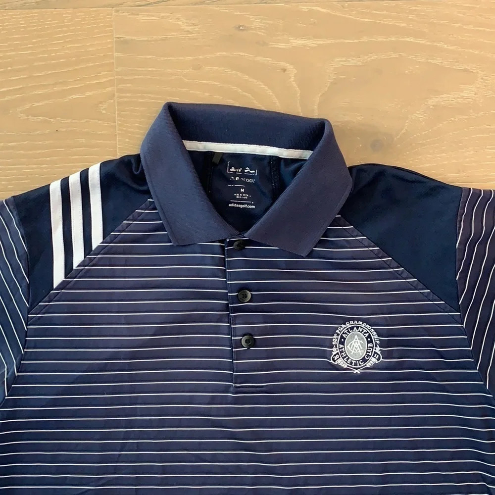 Adidas Men’s Golf Polo Atlanta Athletic Club ACC Blue Striped Short Sleeve Med